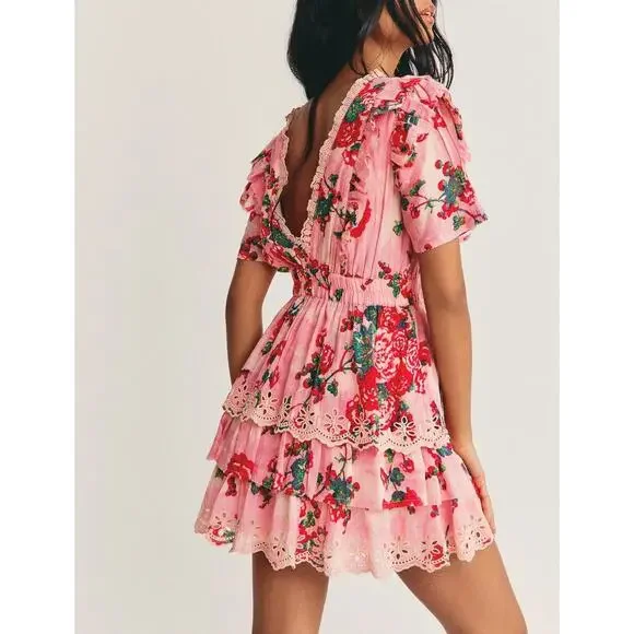 LoveShackFancy Aldina Mini Dress Pink Desert Floral Tiered Crochet SZ XS NWT - Picture 4 of 8